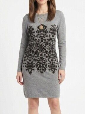 Studio One Size Small Gray Knit Sweater Long Sleeve Dress Black Damask Graphic